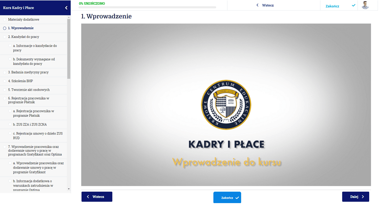 fragment kursu kadry i płace na platformie KursySzkolenia.Online. Lekcja wprowadzająca