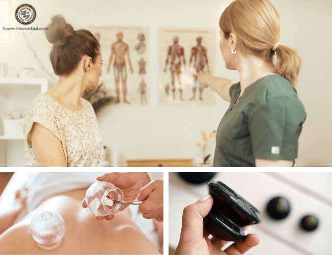 Masaż bańką Chińską: pracownicy medyczni omawiający plansze anatomiczne na ścianie podczas przygotowania do zabiegów