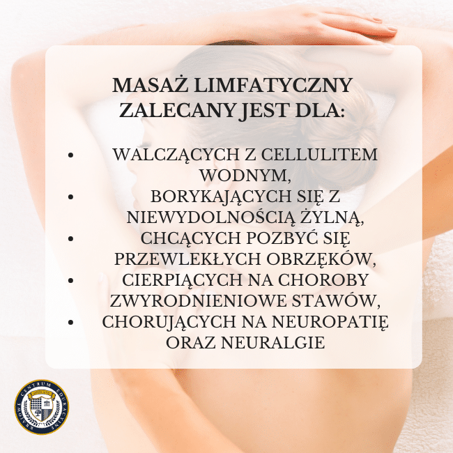 Tekst wymieniający wskazania do masażu limfatycznego, w tym cellulit wodny, niewydolność żylną i problemy stawowe
