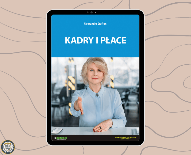 Kadry i płace- Tablet wyświetlający okładkę książki 'Kadry i Płace' z profesjonalną kobietą w jasnej bluzce