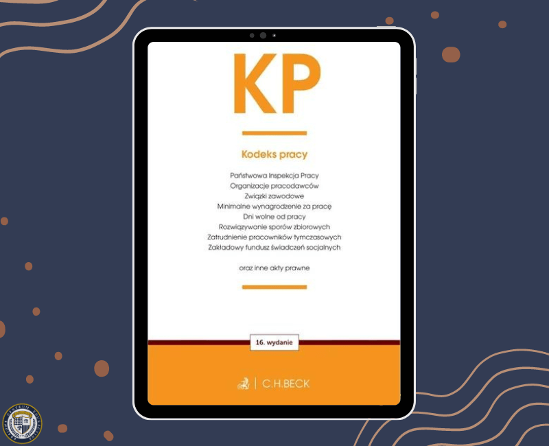 Kodeks pracy - wyświetlający okładkę 16. wydania Kodeksu pracy (KP) w kolorach pomarańczowo-białych, zawierający spis najważniejszych zagadnień, takich jak inspekcja pracy, wynagrodzenia minimalne, związki zawodowe i inne akty prawne, wydawnictwo