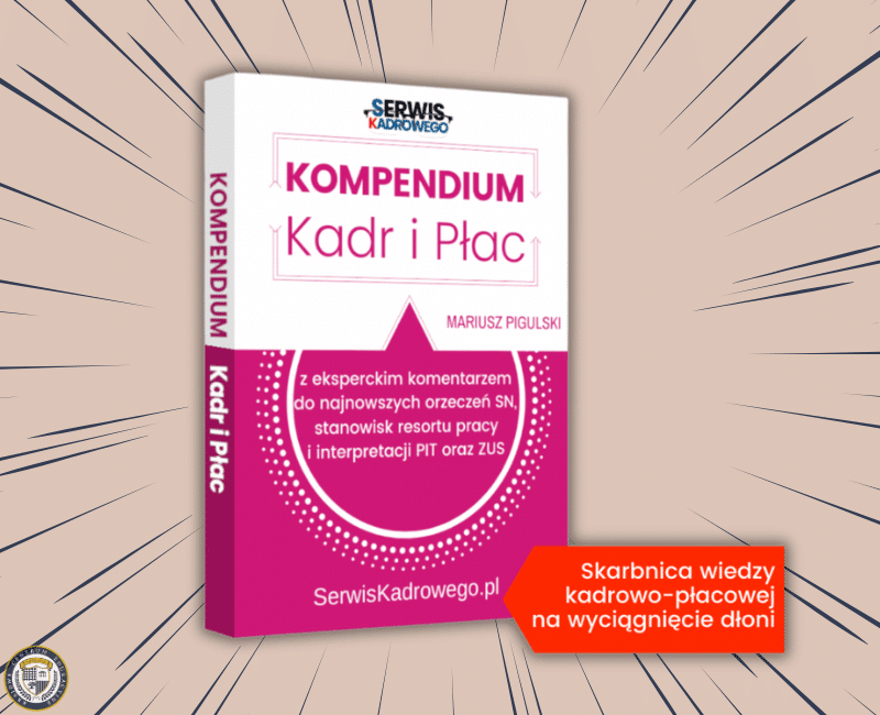 Kompendium kadr i płac- Różowo-biała okładka książki 'Kompendium Kadr i Płac' z ozdobnym okrągłym wzorem