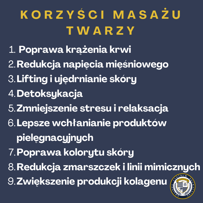 Korzyści masażu twarzy: Poprawa krążenia krwiRedukcja napięcia mięśniowego Lifting i ujędrnianie skóry Detoksykacja Zmniejszenie stresu i relaksacja Lepsze wchłanianie produktów pielęgnacyjnych Poprawa kolorytu skóry Redukcja zmarszczek i linii mimicznych Zwiększenie produkcji kolagenu