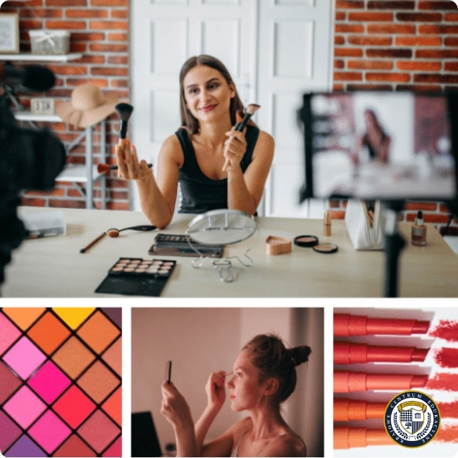 Cztery połączone zdjęcia: u góry influencerka nagrywająca tutorial makijażowy w swoim studiu, na dole paleta kolorowych cieni, kobieta nakładająca makijaż i zestaw czerwonych pomadek