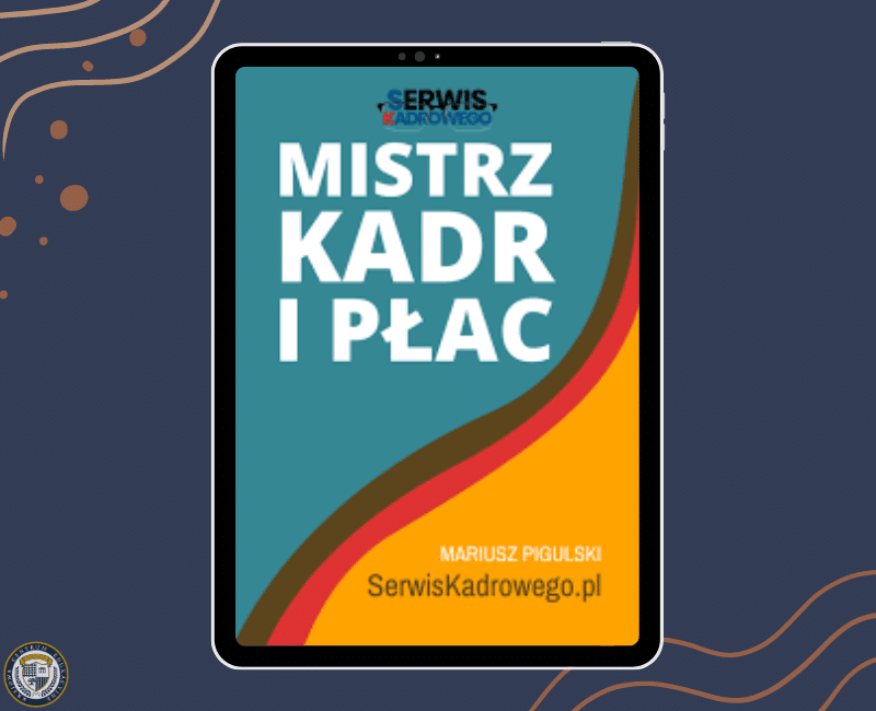 Mistrz Kadr i Płac książka - Tablet pokazujący okładkę książki 'Mistrz Kadr i Płac' z turkusowymi, brązowymi i pomarańczowymi elementami