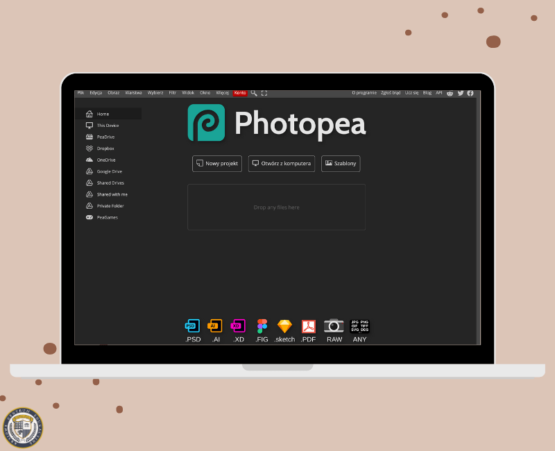 Ekran startowy programu Photopea z ikoną w kolorze turkusowym i obsługiwanymi formatami plików na dole Photopea