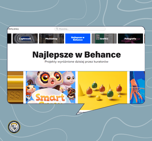 Strona Behance prezentująca najlepsze projekty graficzne, widoczne kolorowe ilustracje i grafiki