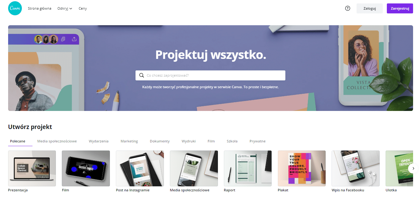 Strona główna Canva z przykładem interfejsu do tworzenia grafik