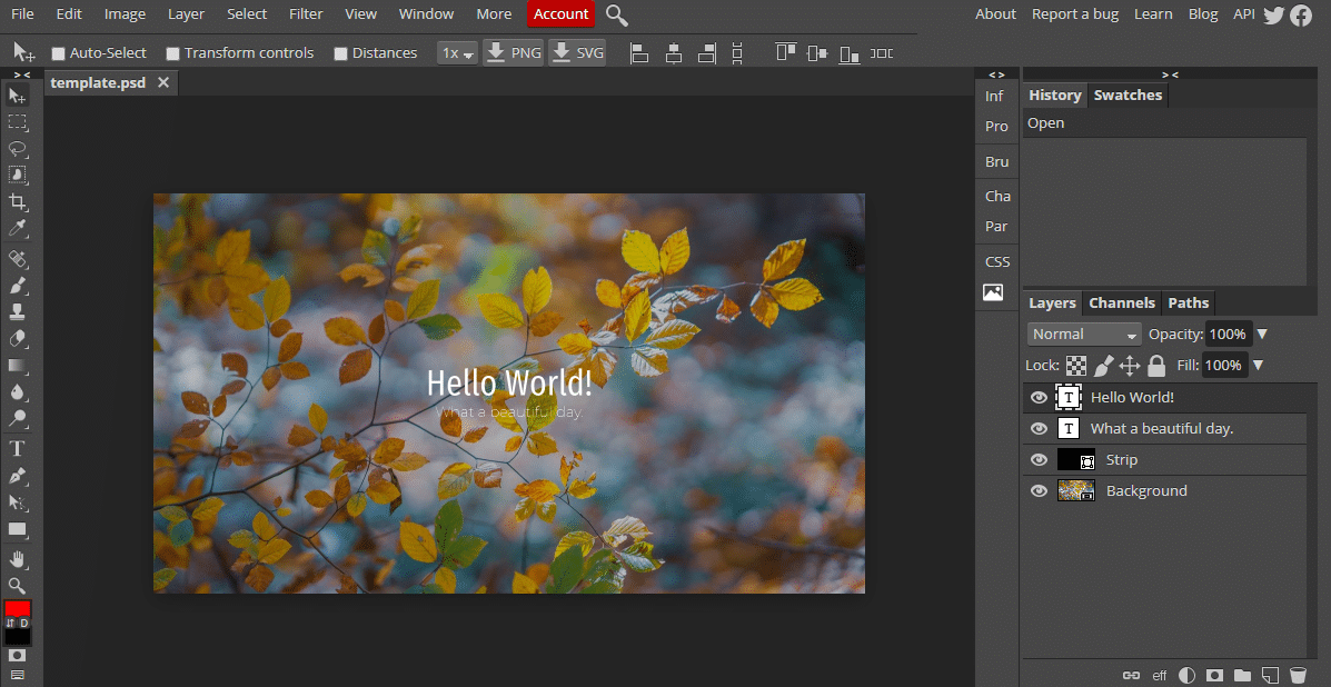 Interfejs edytora graficznego z jesiennym zdjęciem i tekstem 'Hello World" - Photopea - program graficzny online