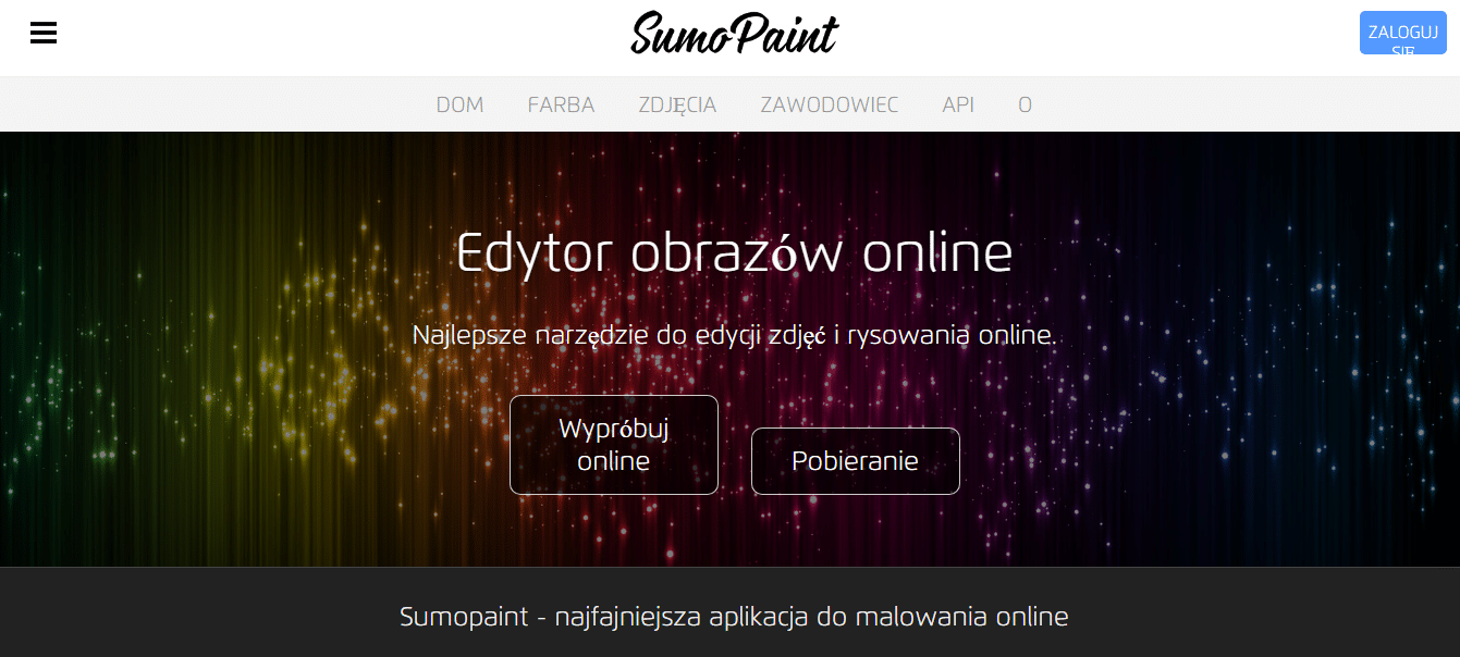 Strona główna Sumopaint z kolorowym tłem i napisem "Edytor obrazów online"