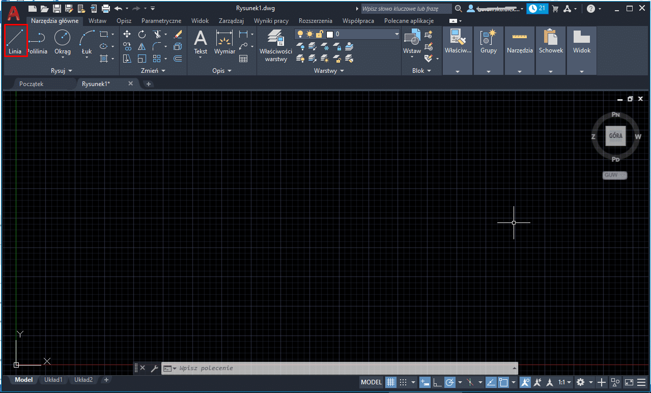 Rysowanie lini autocad - zrzut ekranu