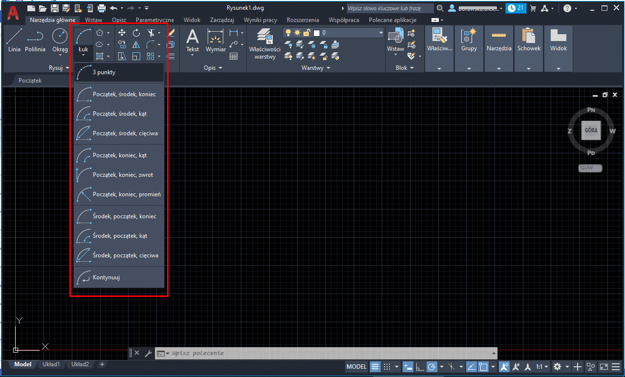 Rysowanie łuków AutoCAD - screen