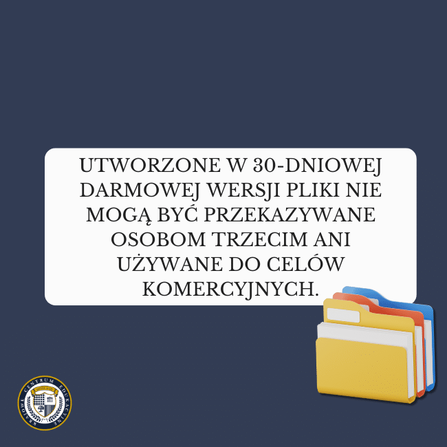 Granatowe tło z białym obłokiem z tekstem: Utworzone w 30-dniowej darmowej wersji pliki nie mogą być przekazywane osobom trzecim ani używane do celów komercyjnych. Mała grafika plików na dol.
