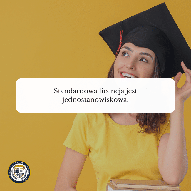Zdjęcie studentki w tle i napis na środku: Standardowa licencja jest jednostanowiskowa.