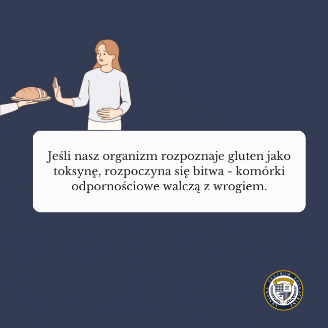 Granatowe tło, grafika kobiety odmawiającej zjedzenia chleba, co nawiązuje do diety bezglutenowej. Napis na środku: Jeśli nasz organizm rozpoznaje gluten jako toksynę, rozpoczyna się bitwa - komórki odpornościowe walczą z wrogiem.