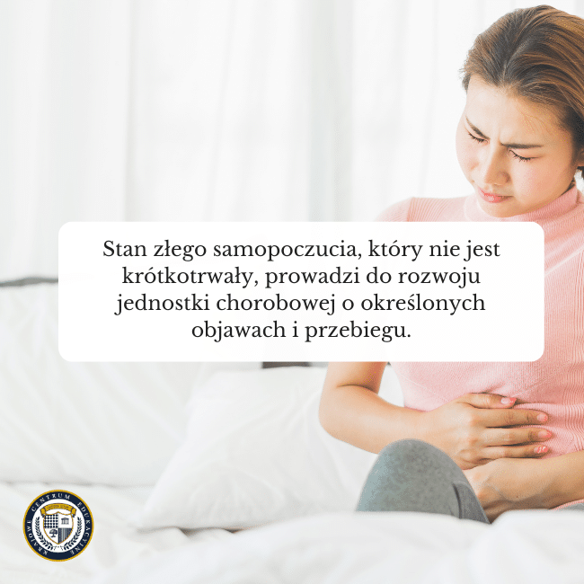 Zdjęcie kobiety siedzącej na łożku, którą boli brzuch i ma minę przepełnioną bólem. Napis na środku: Stan złego samopoczucia, który nie jest krótkotrwały, prowadzi do rozwoju jednostki chorobowej o określonych objawach i przebiegu.