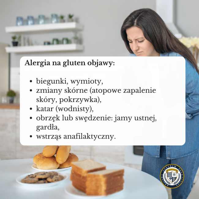 Zdjęcie kobiety trzymającej się za brzuch, która stoi przed stołem pełnym bułek i chleba. Napis na środku: Alergia na gluten objawy:biegunki, wymioty, zmiany skórne (atopowe zapalenie skóry, pokrzywka), katar (wodnisty), obrzęk lub swędzenie: jamy ustnej, gardła, wstrząs anafilaktyczny.