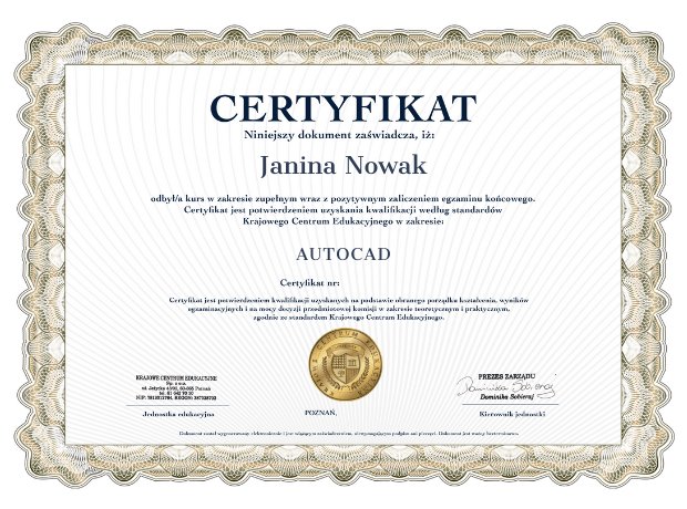 Wzór certyfikatu z kursu Autocad