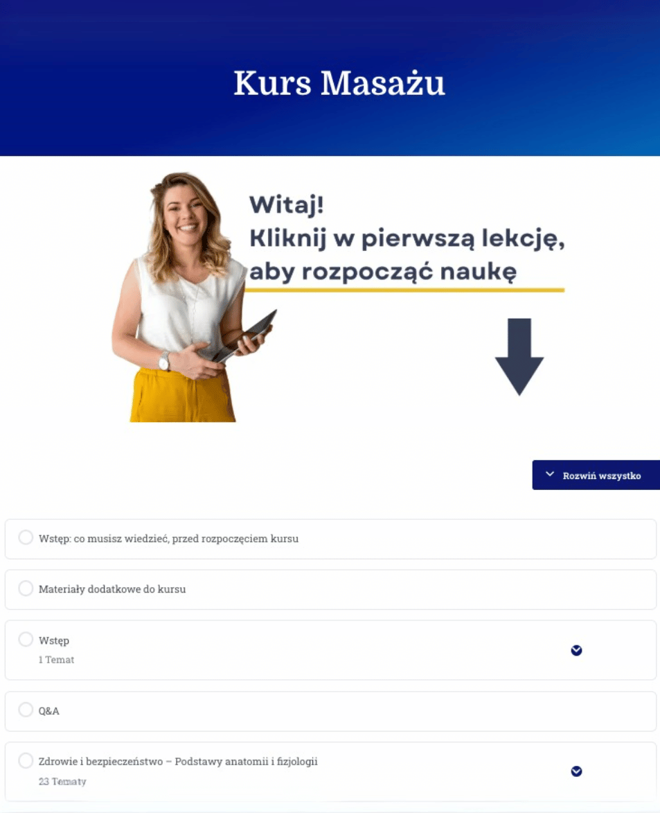 Kurs masażu wnętrze platformy edukacyjnej