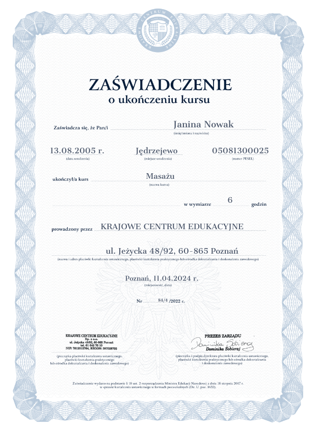 Wzór zaświadczenia o ukończonym kursie masażu
