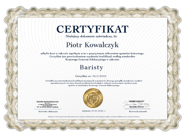 Certyfikat baristy w Krajowym Centrum Edukacyjnym