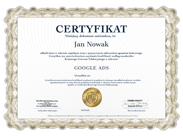 Certyfikat kursu Google Ads