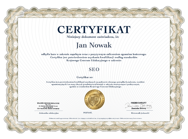 Certyfikat kursu SEO