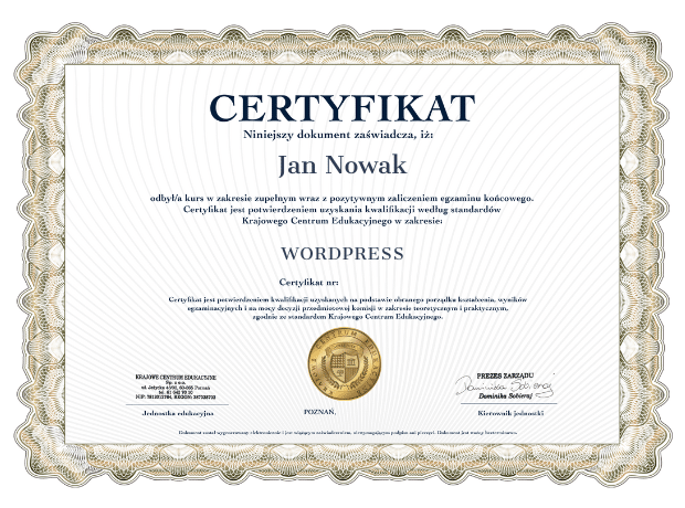Certyfikat kursu WordPress