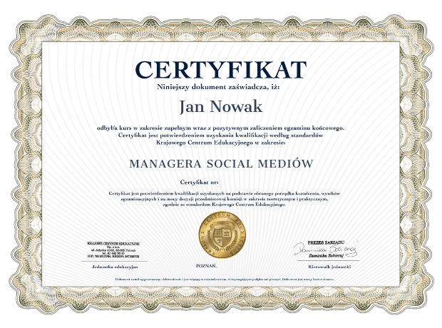Certyfikat kursu managera social mediów