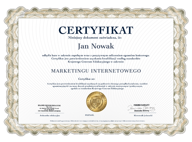 Certyfikat kursu marketingu internetowego
