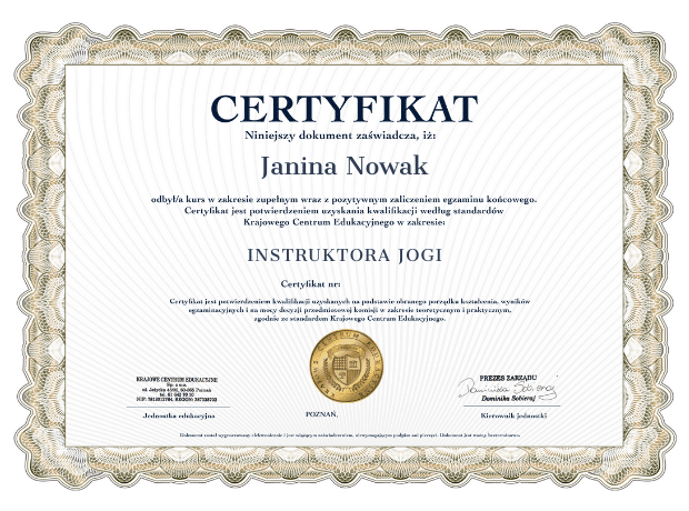 Wzór certyfikatu o ukończonym kursie instruktora jogi