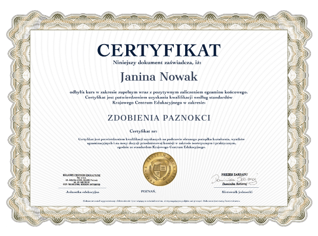 Wzór przykładowego certyfikatu o ukończeniu szkolenia zdobienia paznokci