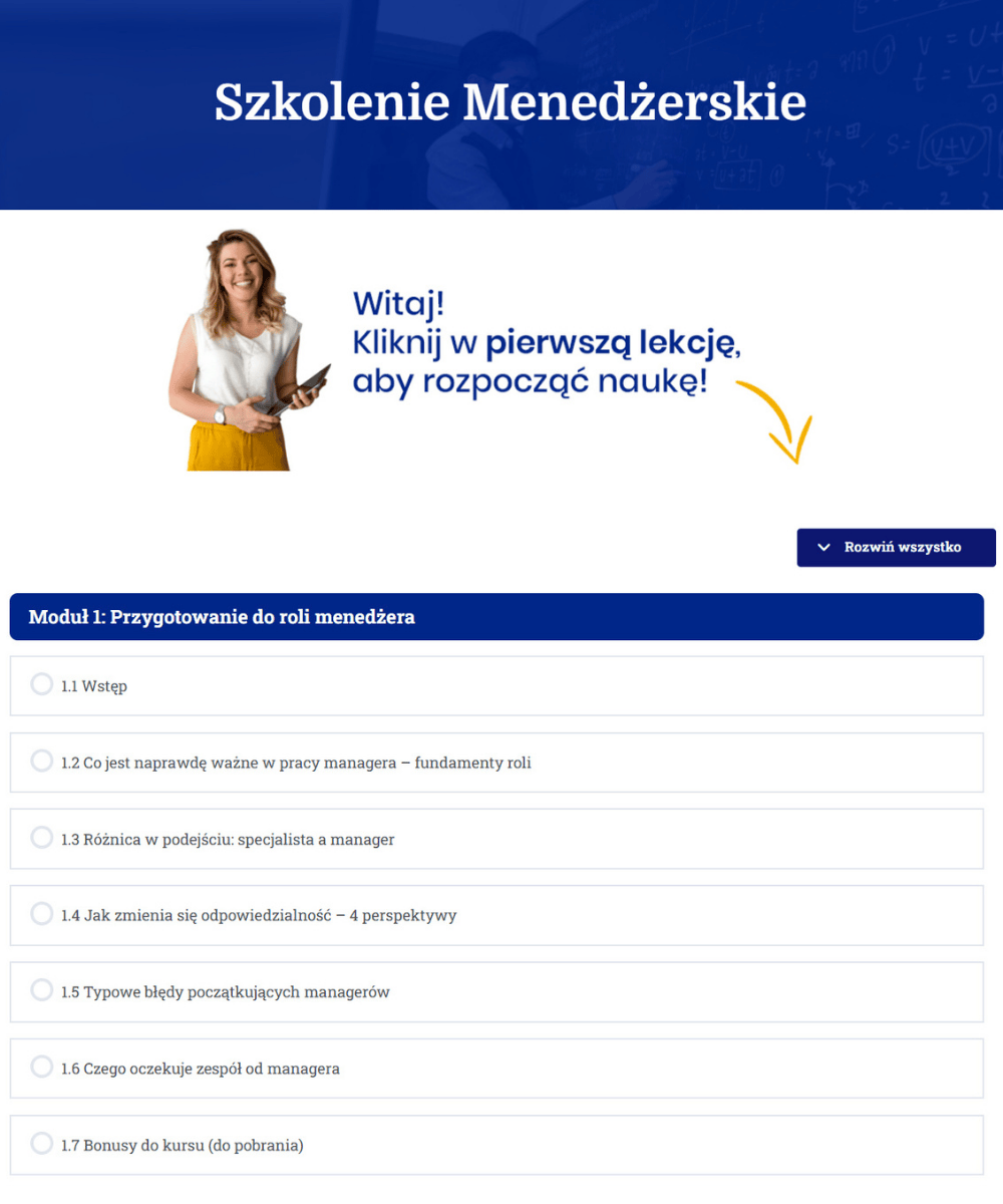 Wnetrze platformy szkolenia menedzerskiego
