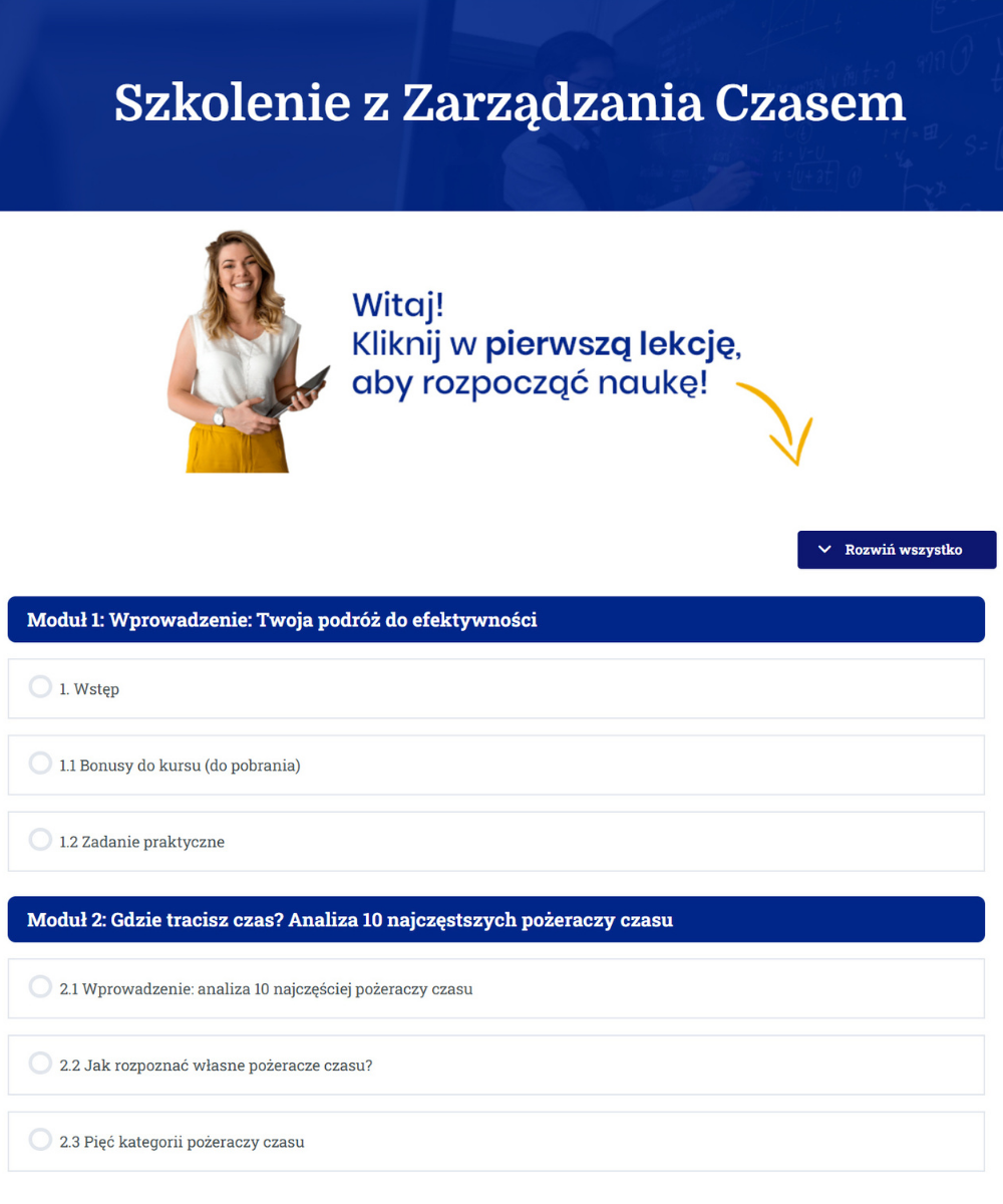 Wnetrze platformy szkolenia z zarzadzania czasem