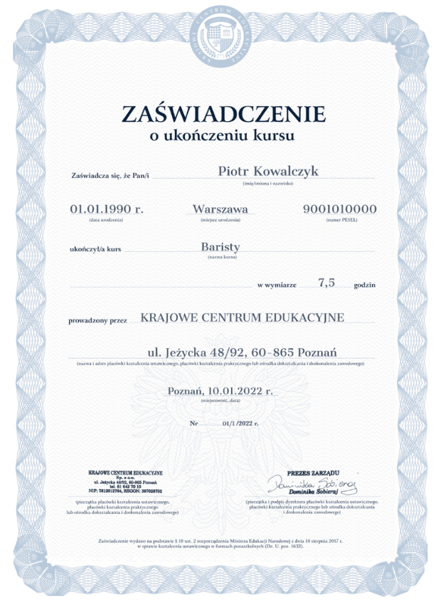 Zaświadczenie z KCE o ukończonym kursie baristy