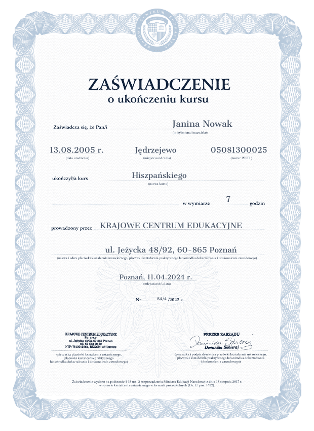 Wzór zaświadczenia z ukończenia kursu hiszpańskiego w formule online