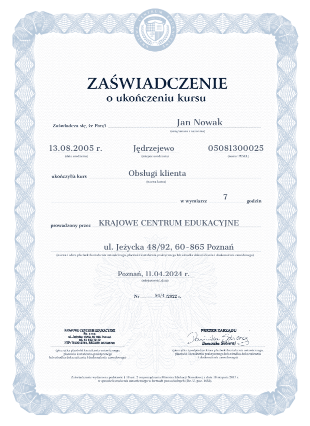 Wzór zaświadczenia o szkoleniu z obsługi klienta - ukończone szkolenie