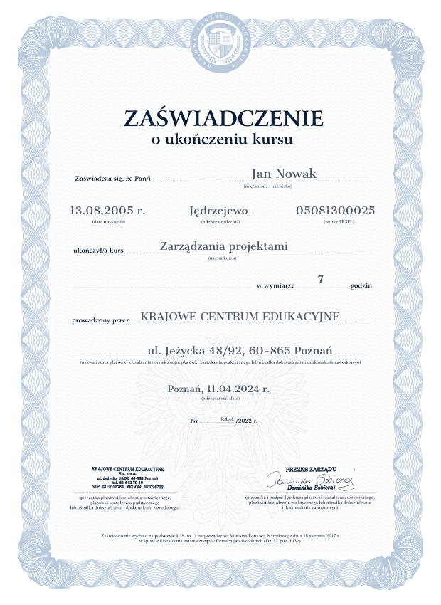 Wzór zaświadczenia o ukończeniu szkolenia z zarządzania projektami