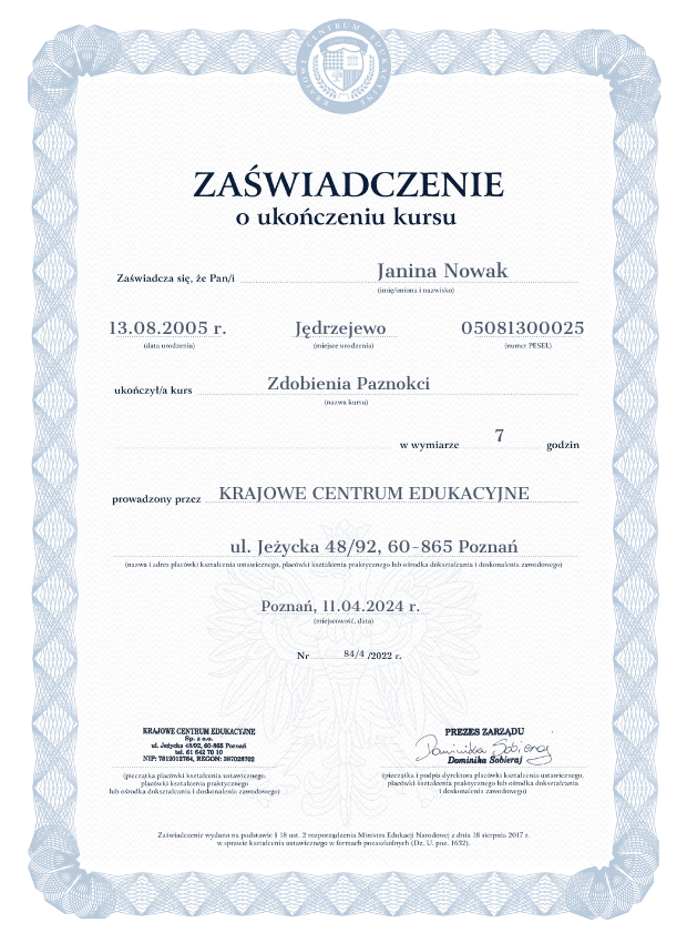 Wzór przykładowego zaświadczenia o ukończeniu szkolenia zdobienia paznokci