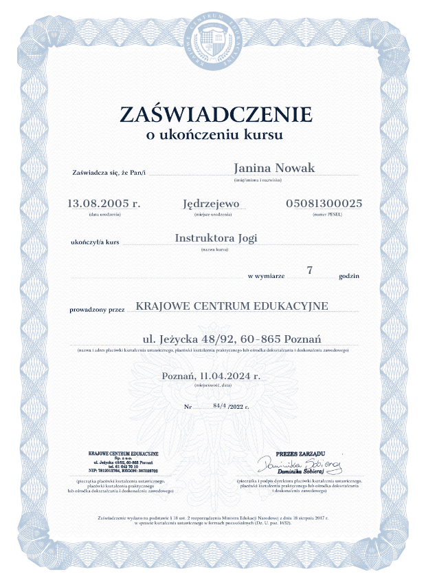 Wzór zaświadczenia o ukończonym kursie instruktora jogi