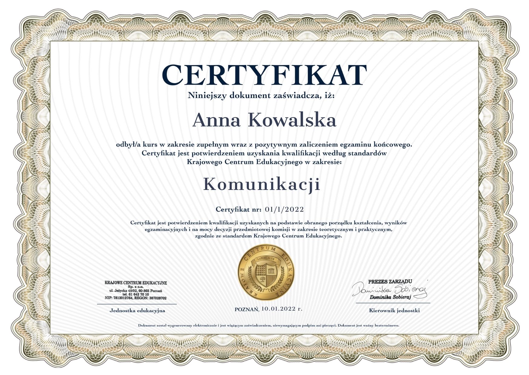 szkolenie z komunikacji certyfikat - wzór