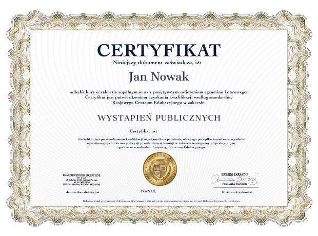 Wzór certyfikatu ze szkolenia z wystąpień publicznych