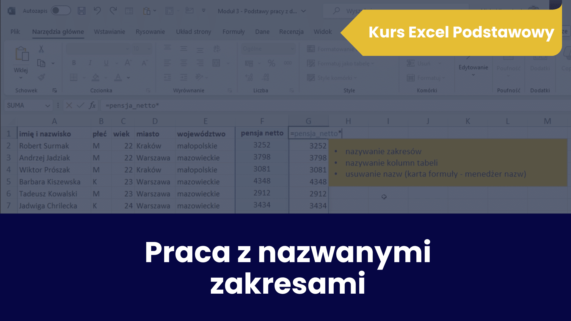 Kurs Excel Podstawowy - fragment lekcji "Praca z nazwanymi zakresami"