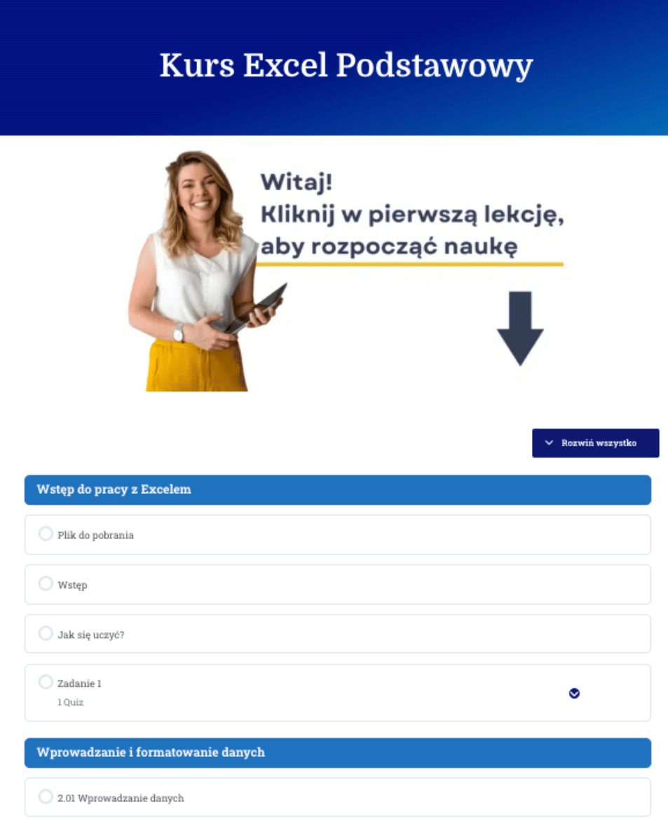Kurs excel podstawowy wnętrze platformy edukacyjnej