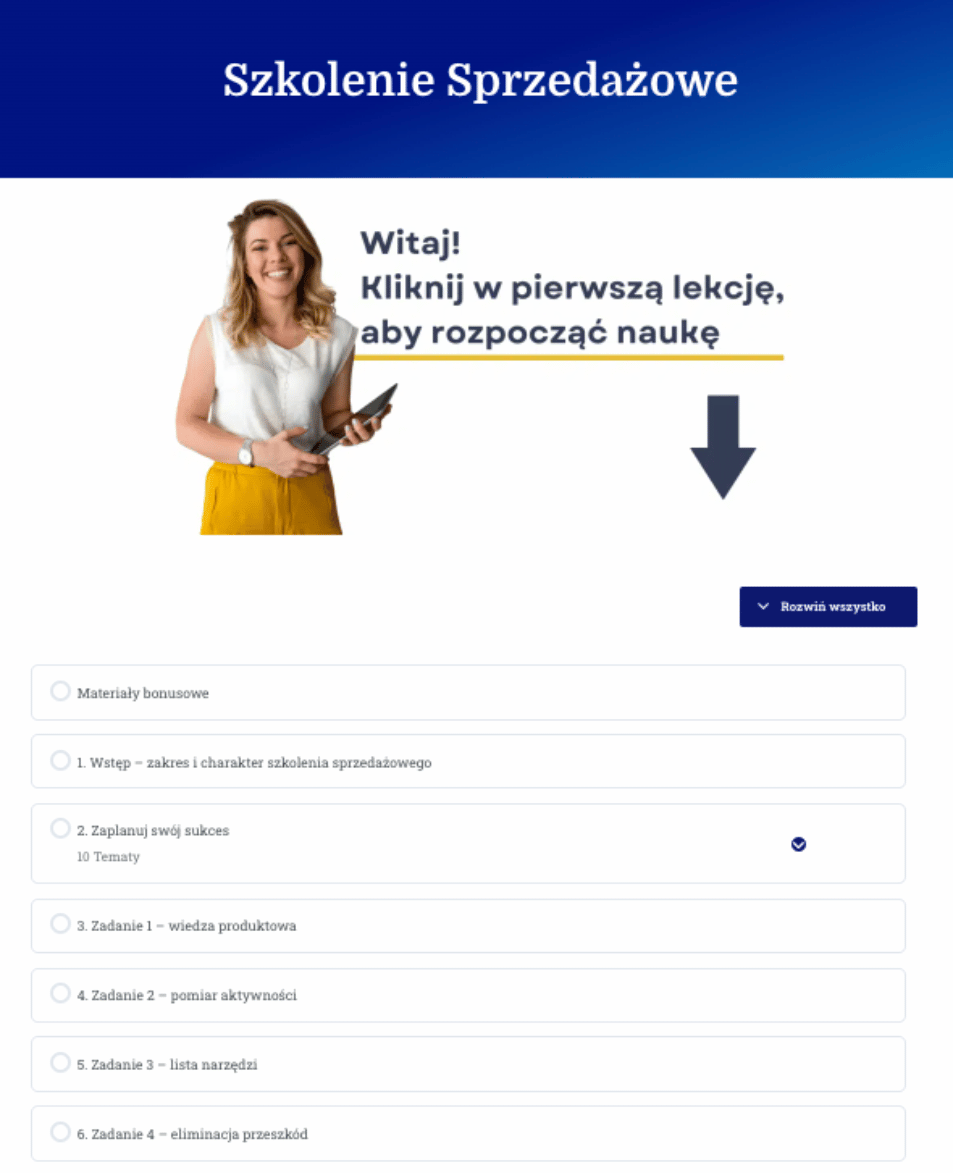 Szkolenie sprzedażowe wnętrze platformy edukacyjnej