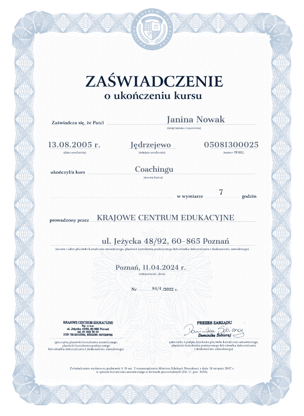 Wzór zaświadczenia o ukończonym kursie coachingu