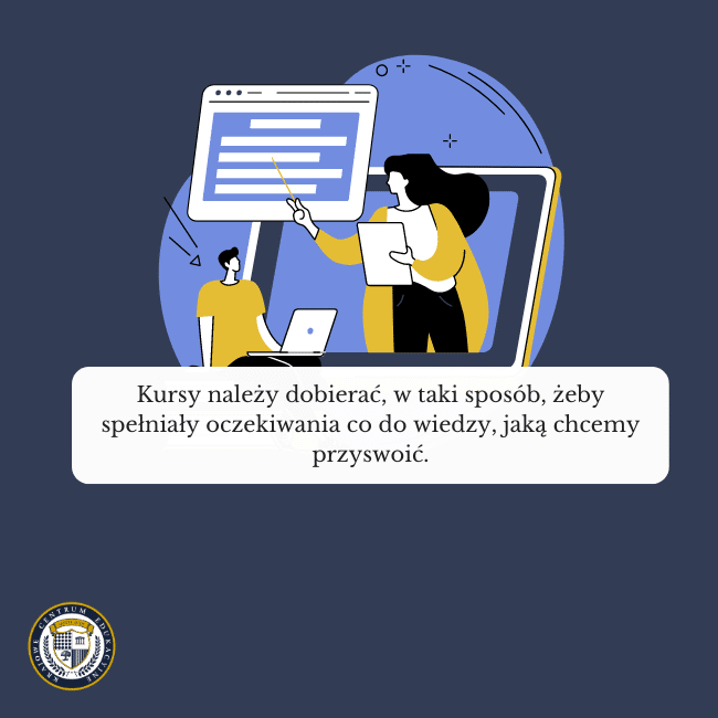 Grafika do wpisu - kurs kadry i prace online. Granatowe tło, grafika osoby uczącej się z laptopa, która odbywa kurs i napis na środku: Kursy należy dobierać, w taki sposób, żeby spełniały oczekiwania co do wiedzy, jaką chcemy przyswoić.