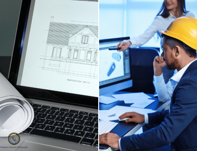 Projektowanie architektoniczne w systemach CAD - po lewej rysunek elewacji budynku na ekranie laptopa z planem, po prawej architekci i inżynier w żółtym kasku analizujący projekt na monitorze