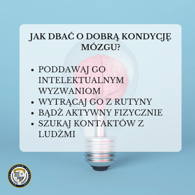 Grafika z opisem jak dbać o dobrą kondycję mózgu. Nawiązuje do tematu, szybka nauka.