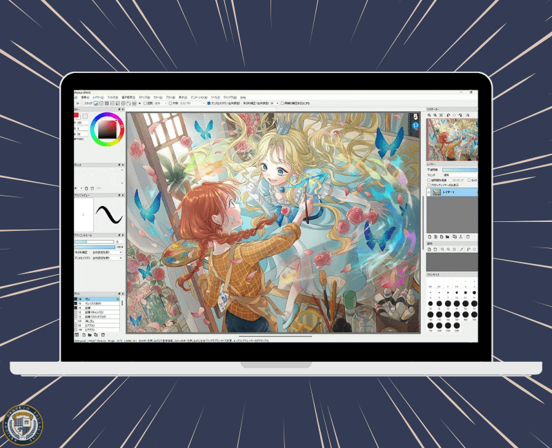 Firealpaca program do rysowania: Laptop wyświetlający kolorową ilustrację anime w profesjonalnym programie graficznym, przedstawiającą dwie postacie otoczone motylami i kwiatami